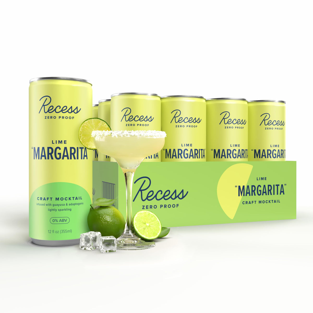Recess lime margarita front packaging showing vibrant label and low-calorie claim