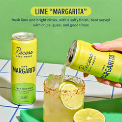 Recess lime margarita poured over ice with lime garnish for refreshing serving suggestion
