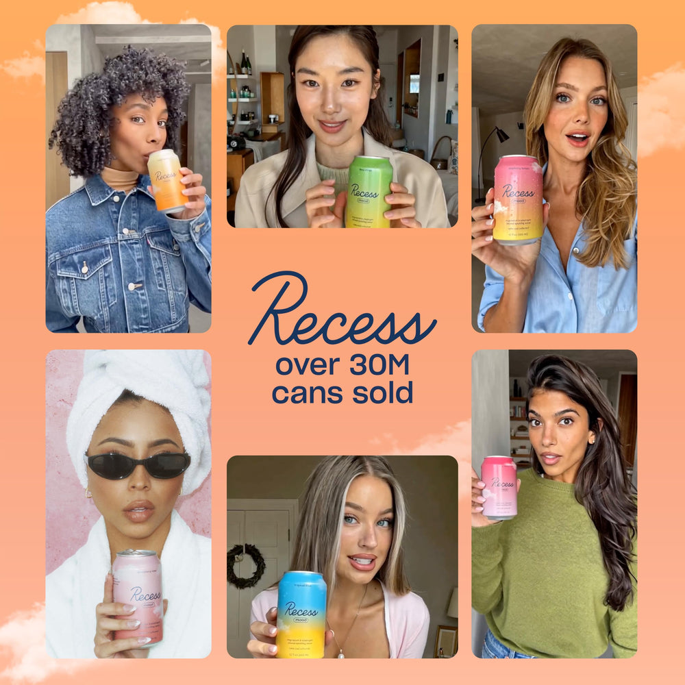 Recess Peach Ginger can held in hand for scale showing convenient single‑serve benefit