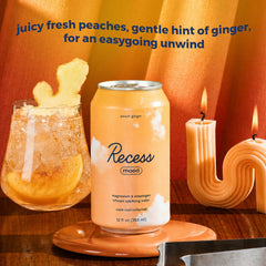 Recess Peach Ginger opened can showing bubbles and refreshing carbonation benefit