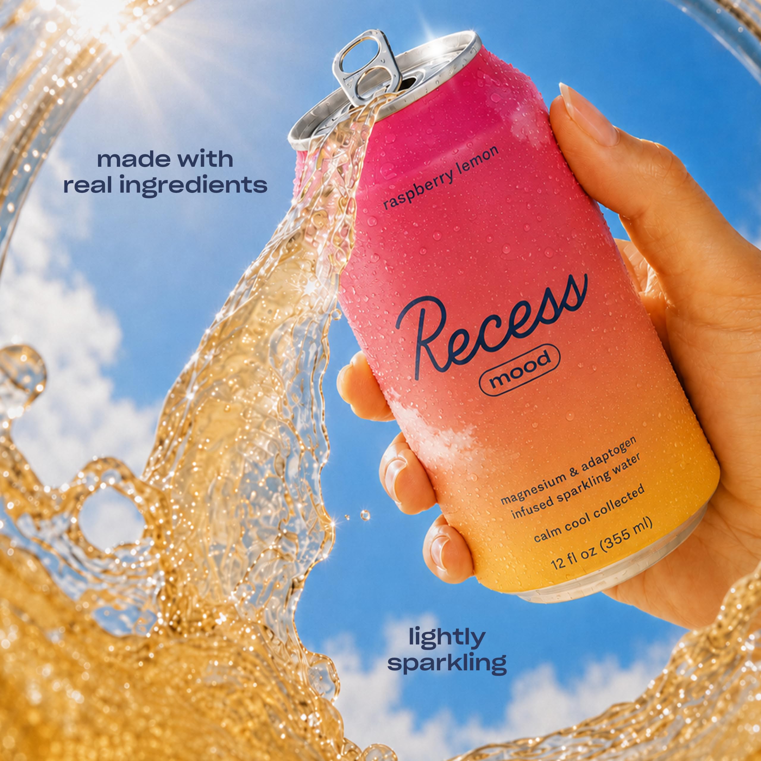 Recess Raspberry Lemon poured in glass with ice, crisp serving benefit