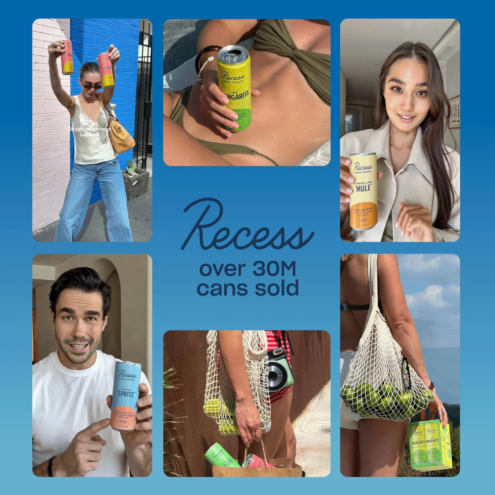 Recess can held in hand showing scale and low-calorie, low-sugar benefit