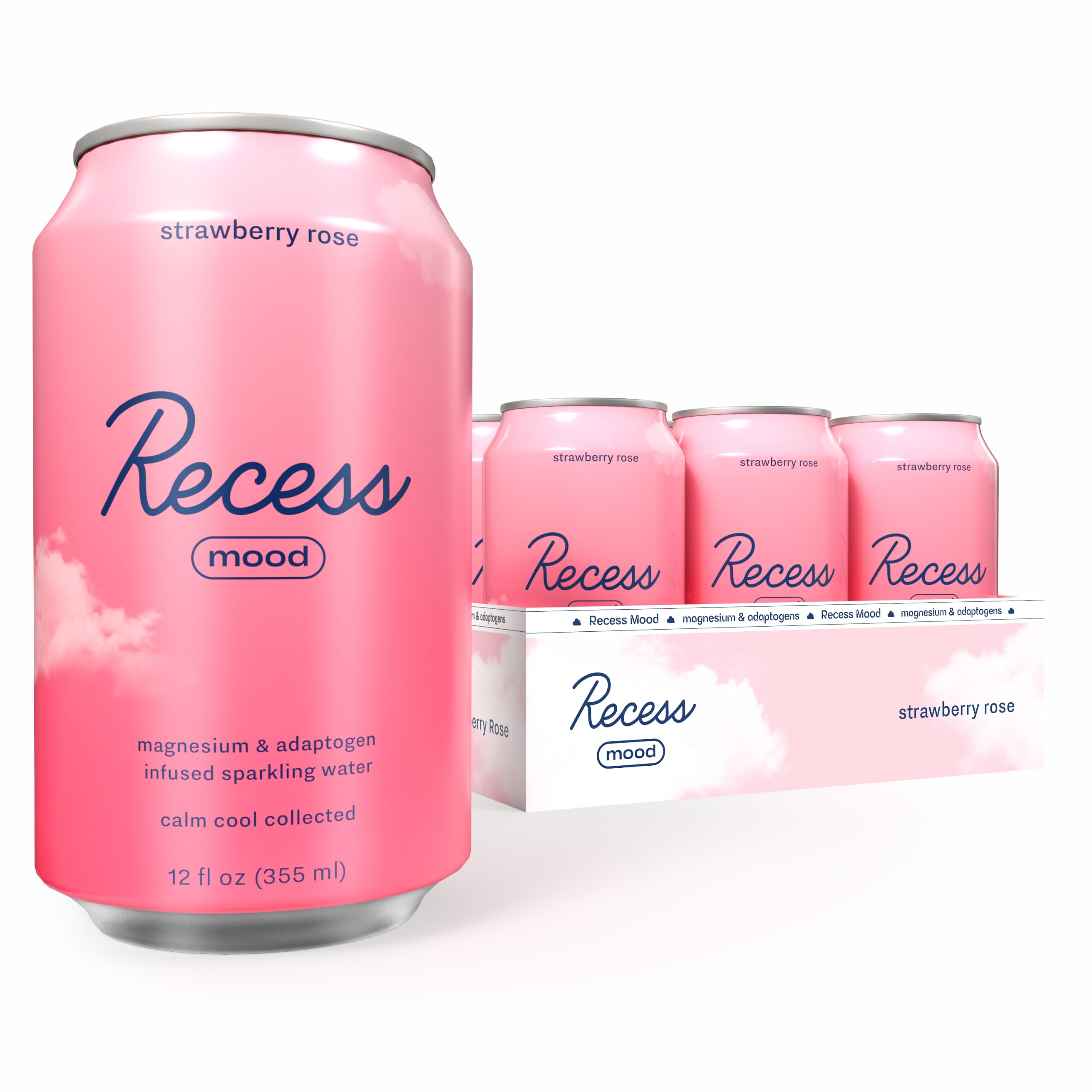 Recess front packaging showing 12-pack with calming branding and easy storage benefit