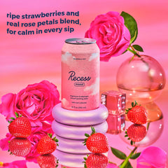 Recess ingredients display with dried strawberries and rose petals illustrating real botanicals