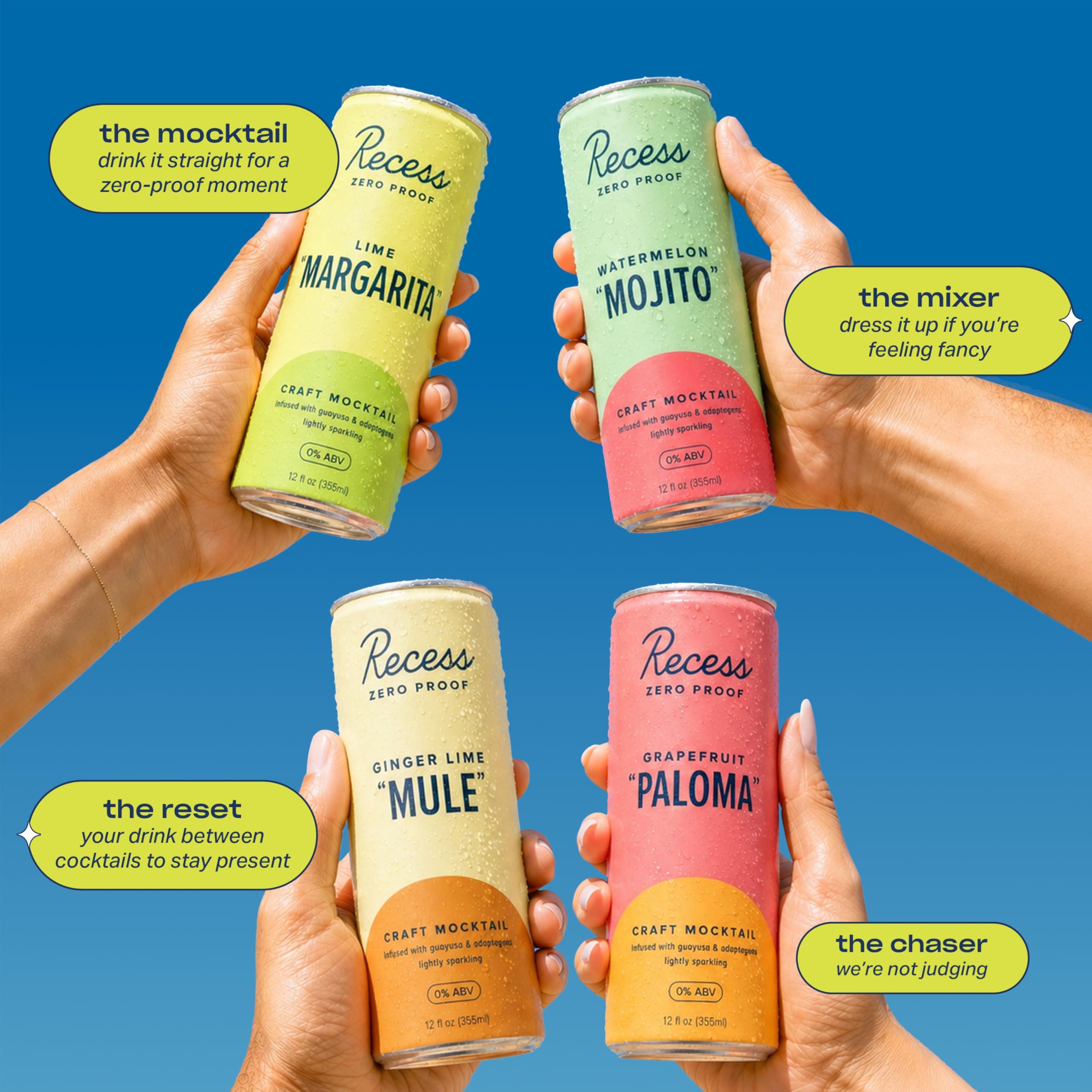 Recess can held in hand for scale showing compact low-calorie beverage