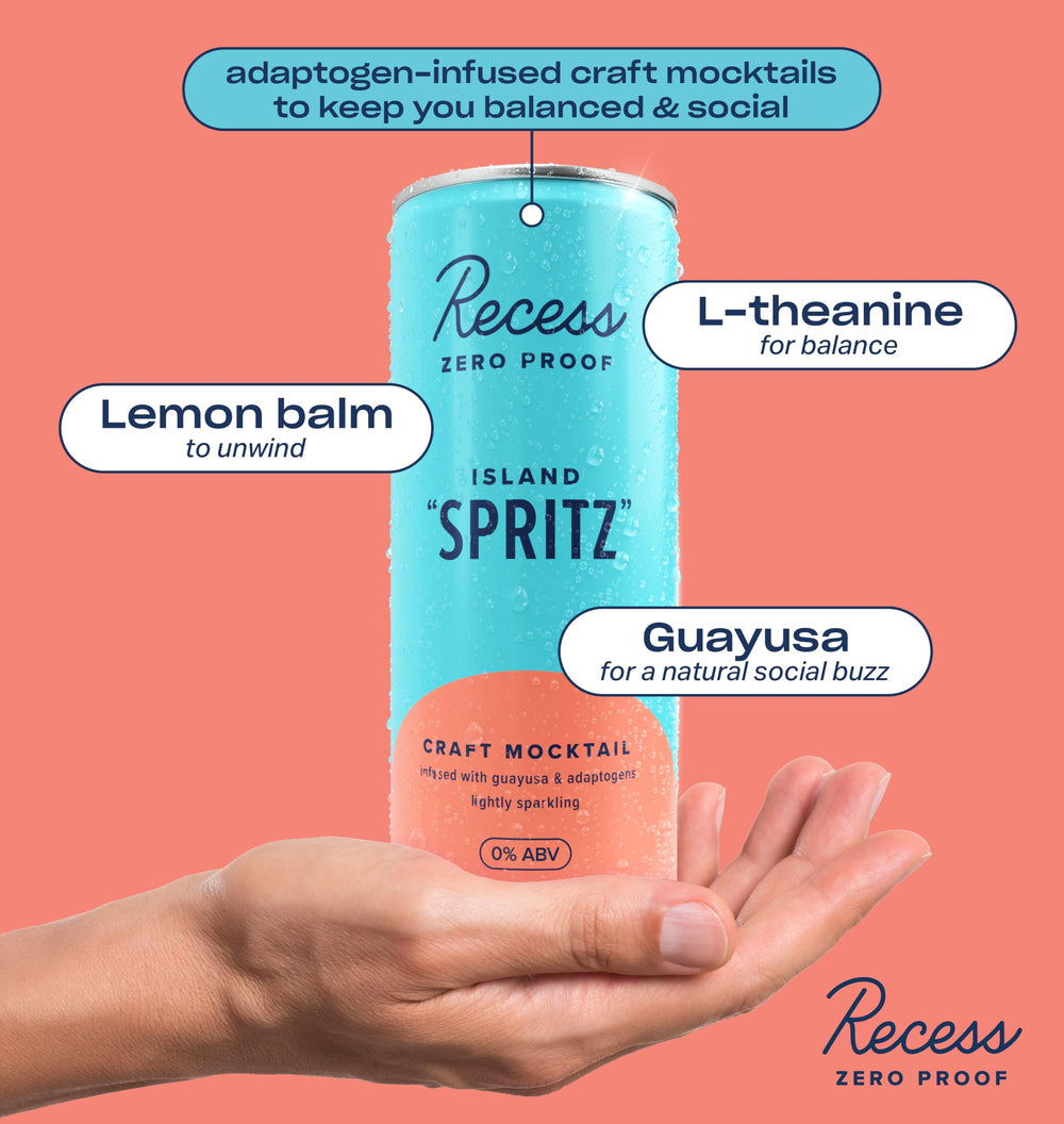 Recess with pineapple and coconut ingredients, emphasizes real fruit flavor