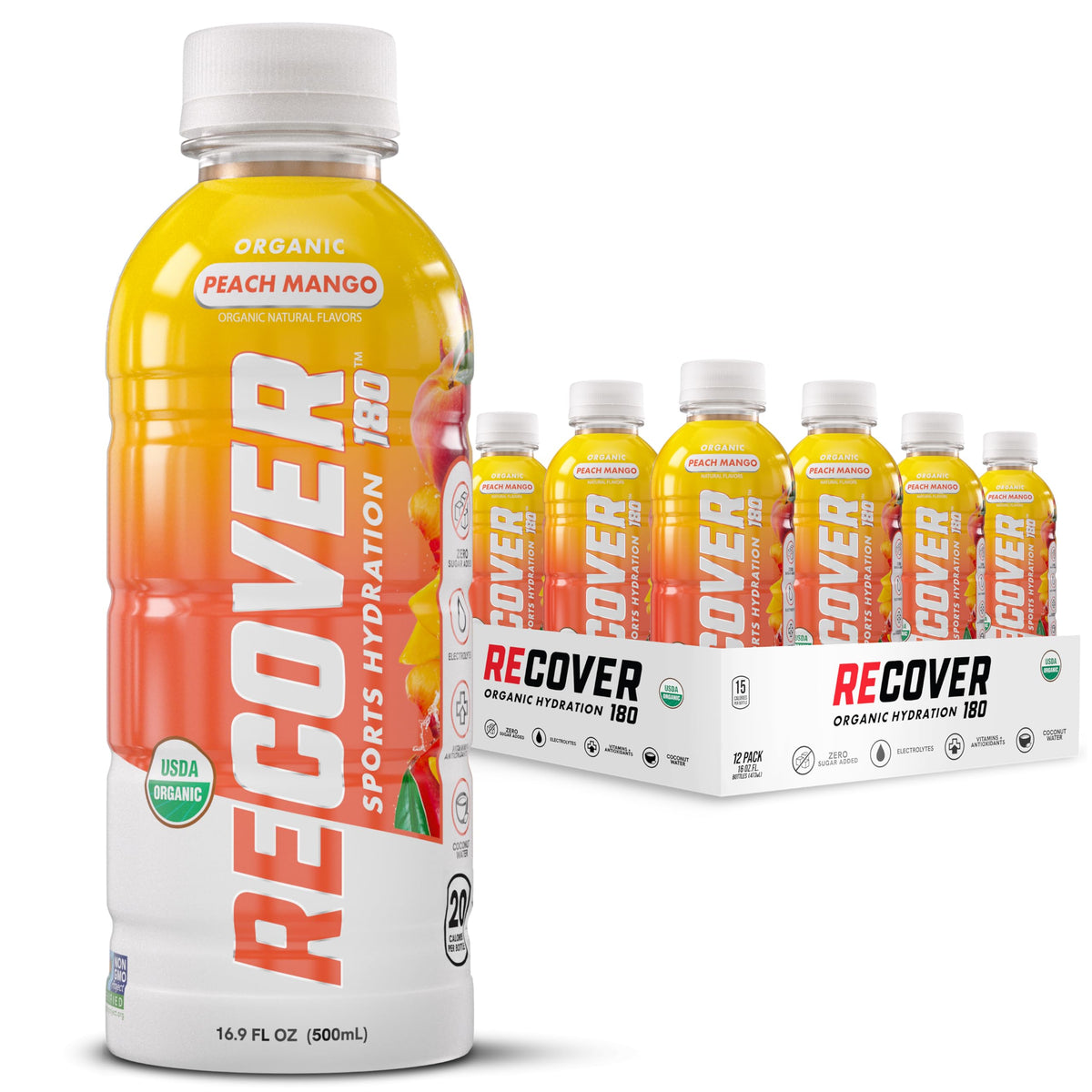 RECOV3R 180 bottle front packaging showing peach mango label and organic badge for clean hydration
