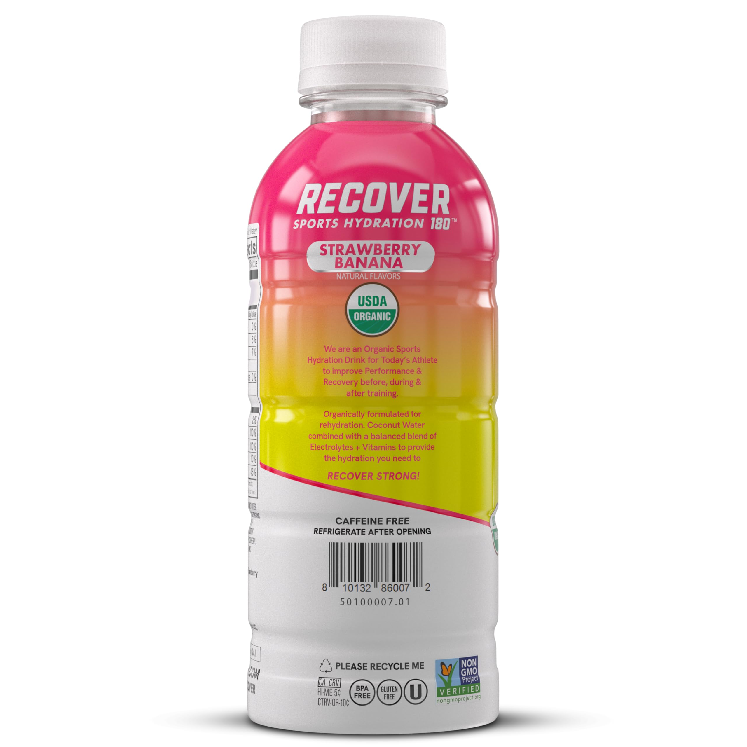 RECOV3R 180 closeup label highlighting USDA Organic and electrolyte benefits