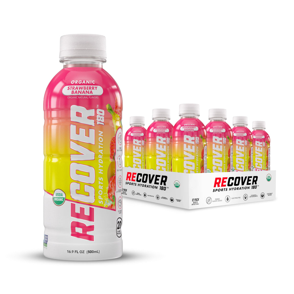 RECOV3R 180 front packaging showing strawberry banana flavor and organic label benefit