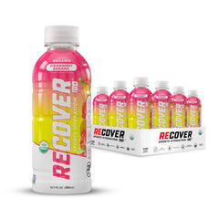 RECOV3R 180 front packaging showing strawberry banana flavor and organic label benefit