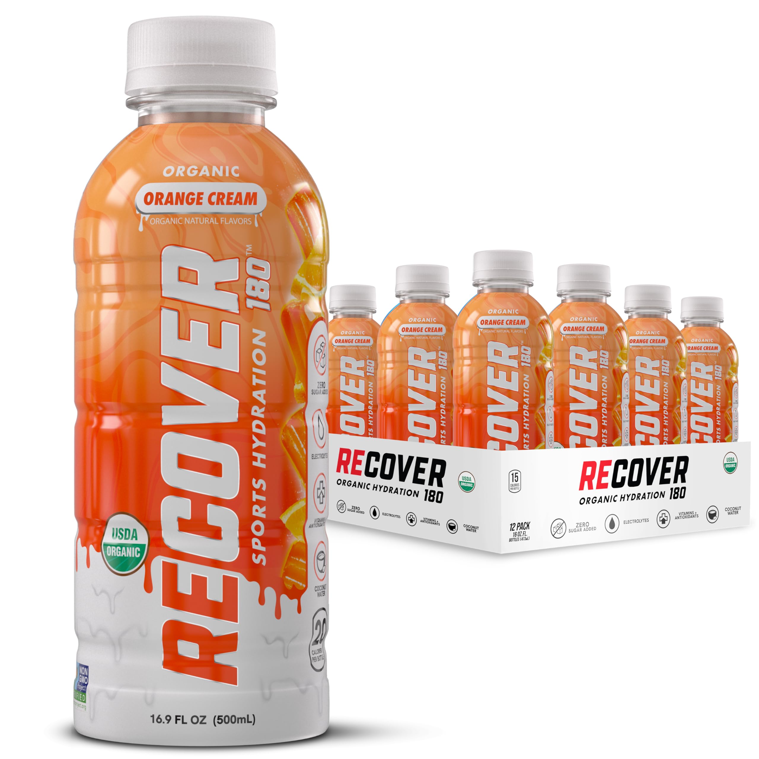 RECOV3R 180 front packaging shows organic orange cream flavor and benefits