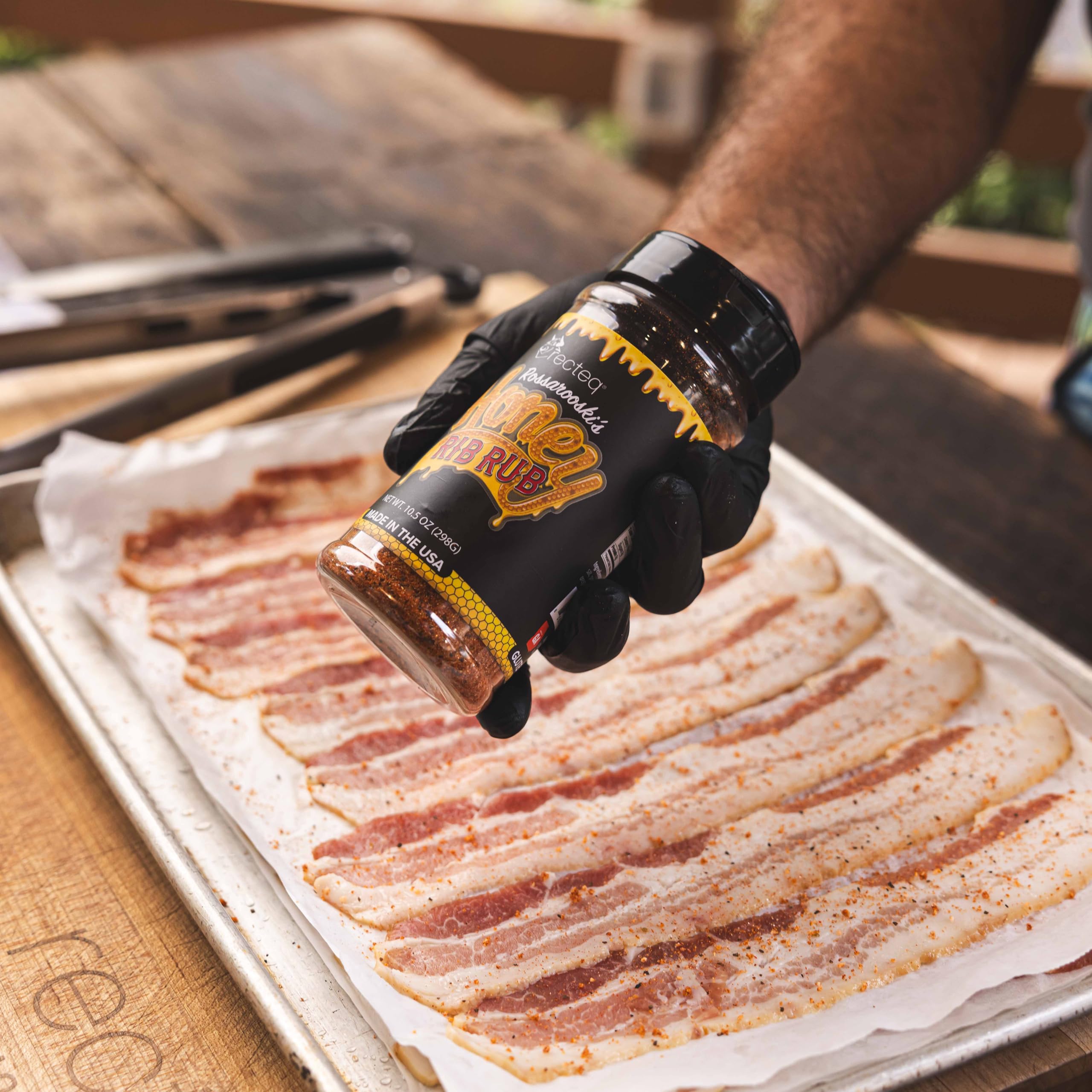 recteq rub in use near a backyard grill showing meal-ready preparation benefit