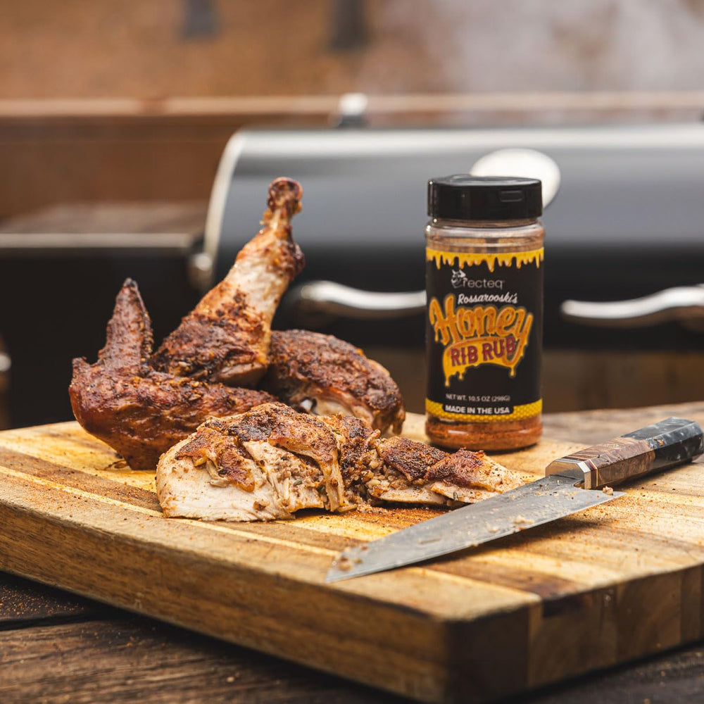 recteq product label and ingredient panel of Rossarooski's Honey Rib Rub for transparency