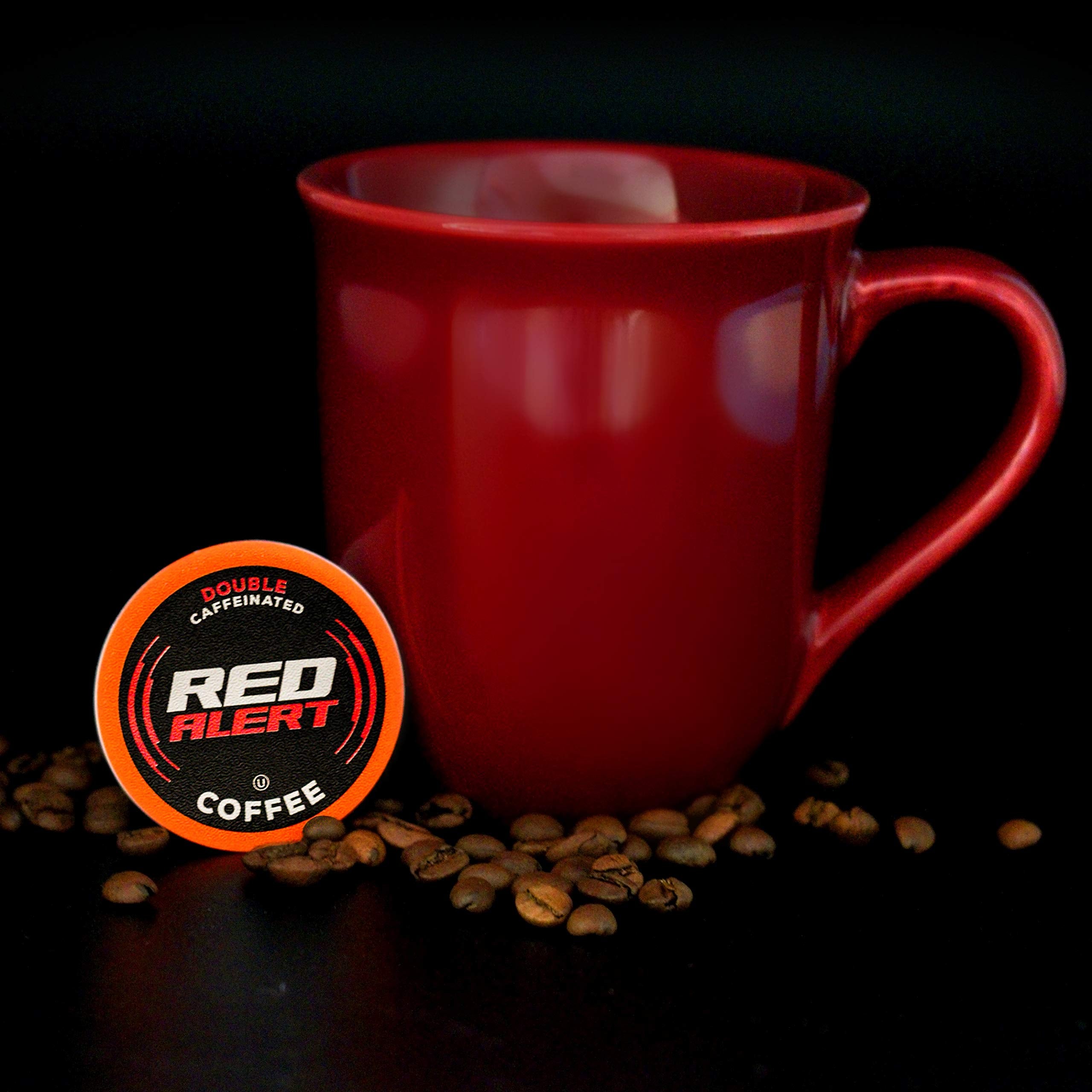 Red Alert pod in Keurig-compatible brewer ready to insert for quick brewing