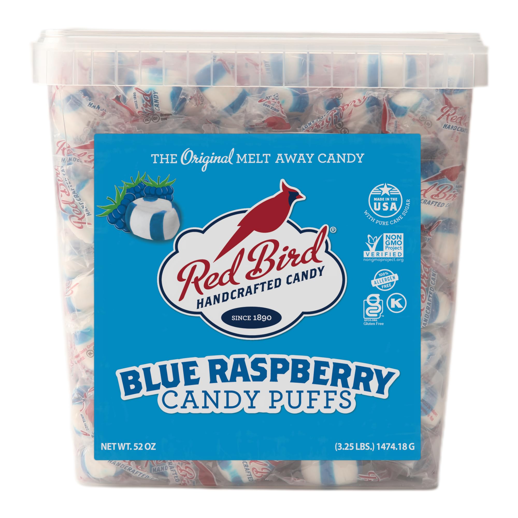 Red Bird tub front view showing blue raspberry puffs and branding for easy identification