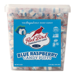 Red Bird tub front view showing blue raspberry puffs and branding for easy identification