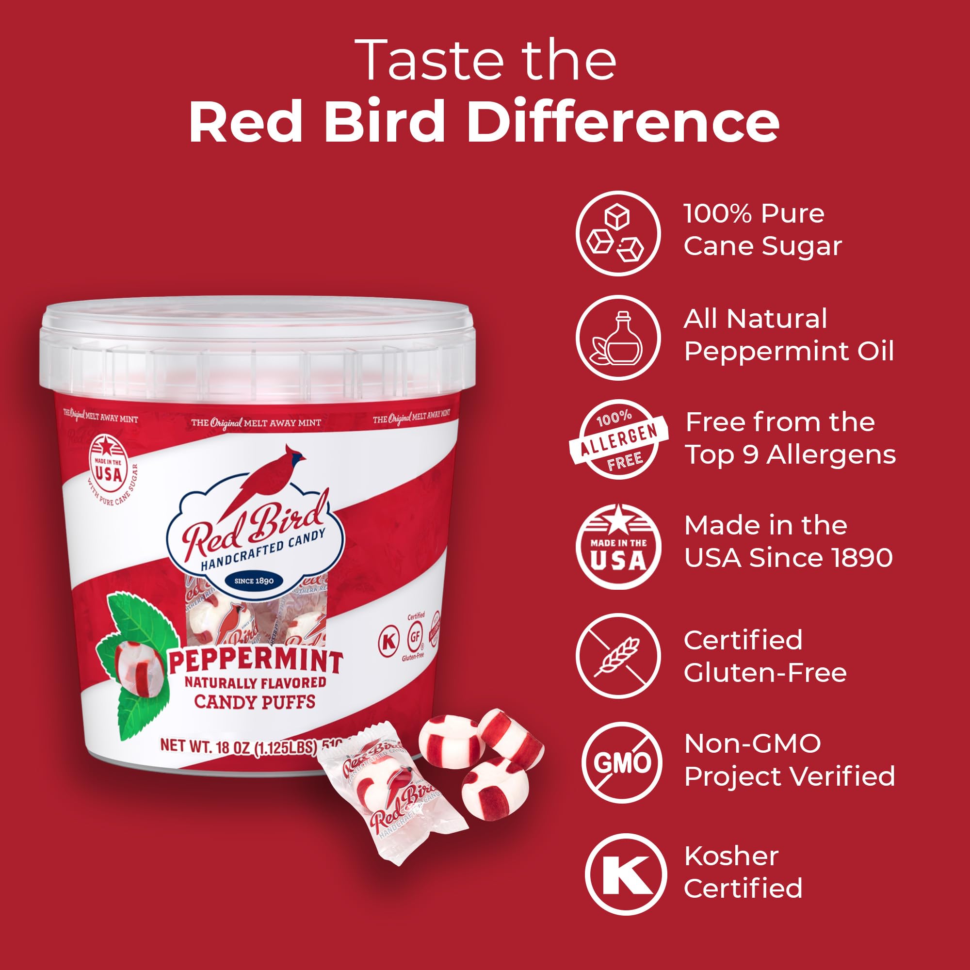 Red Bird close-up of soft peppermint puff texture highlighting melt-away benefit