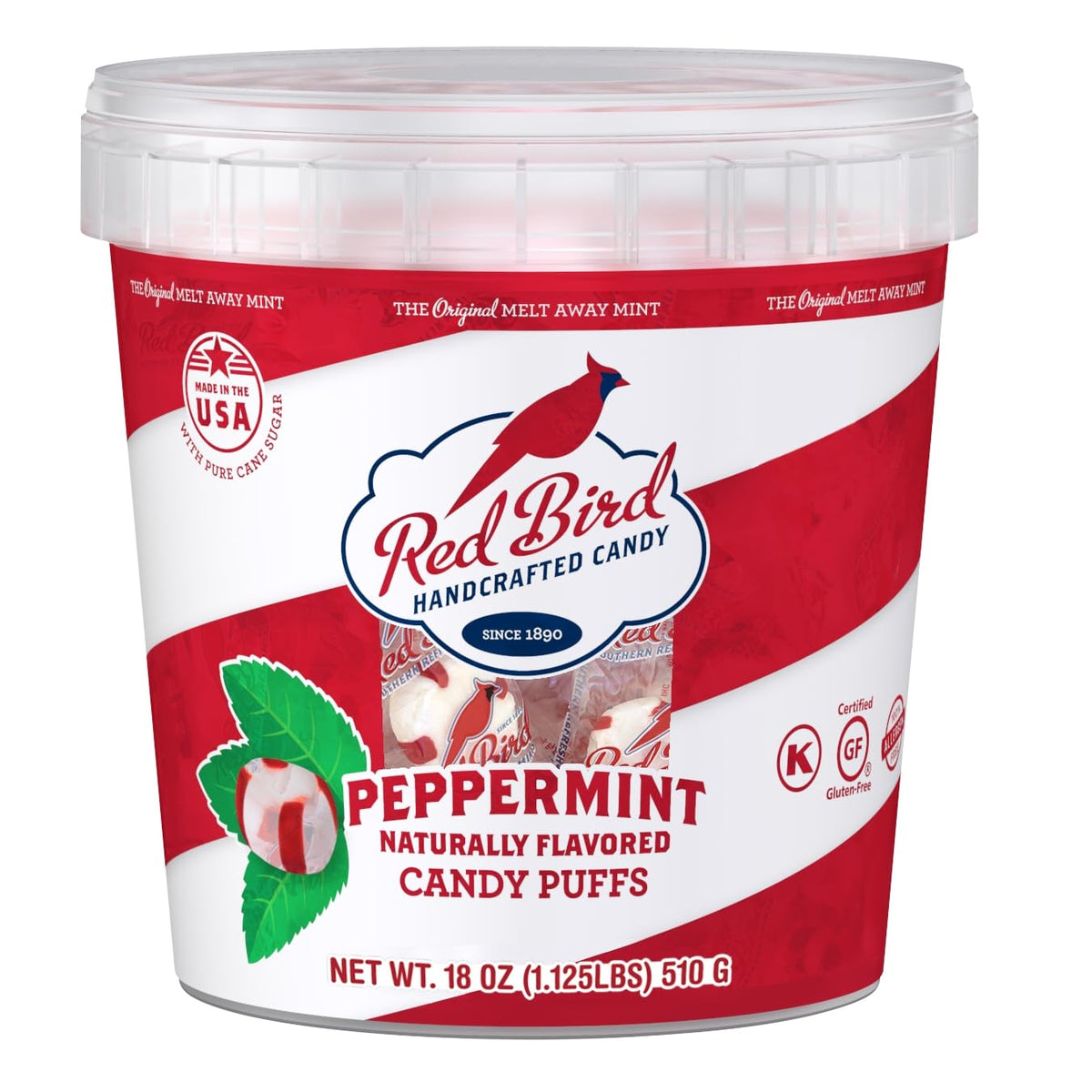 Red Bird front packaging tub showing brand and size for easy identification