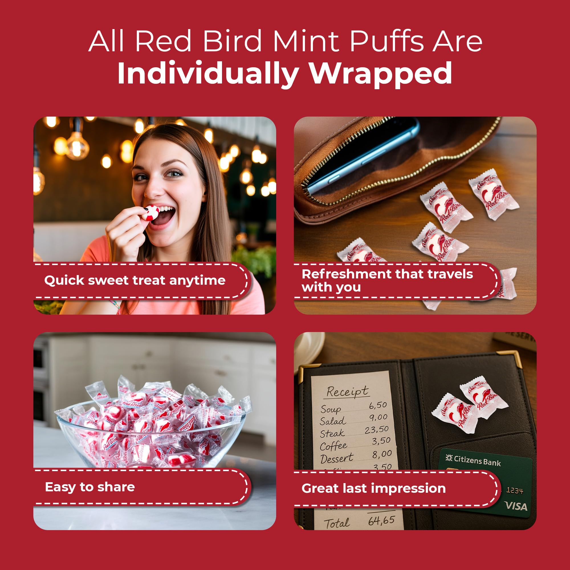 Red Bird individually wrapped mint demonstrating hygienic sharing convenience