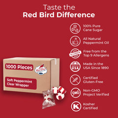 Red Bird clear wrapper close-up displays visible striped candy appeal