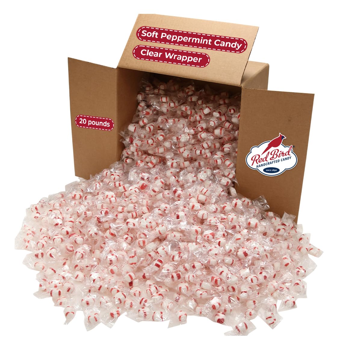 Red Bird front packaging showing 20 lb bulk case and clear-wrapped puffs