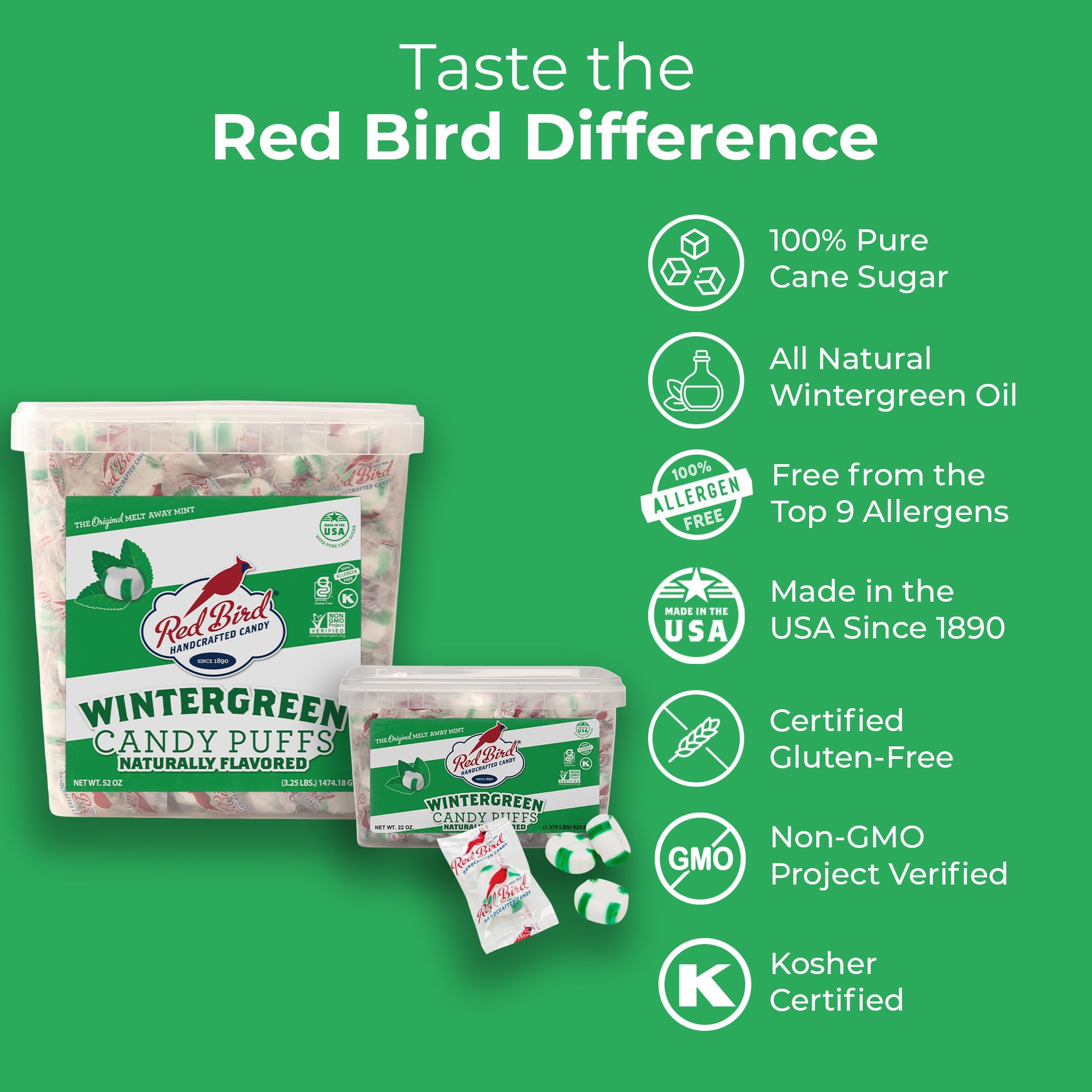 Red Bird individually wrapped wintergreen puff close-up for hygienic sharing
