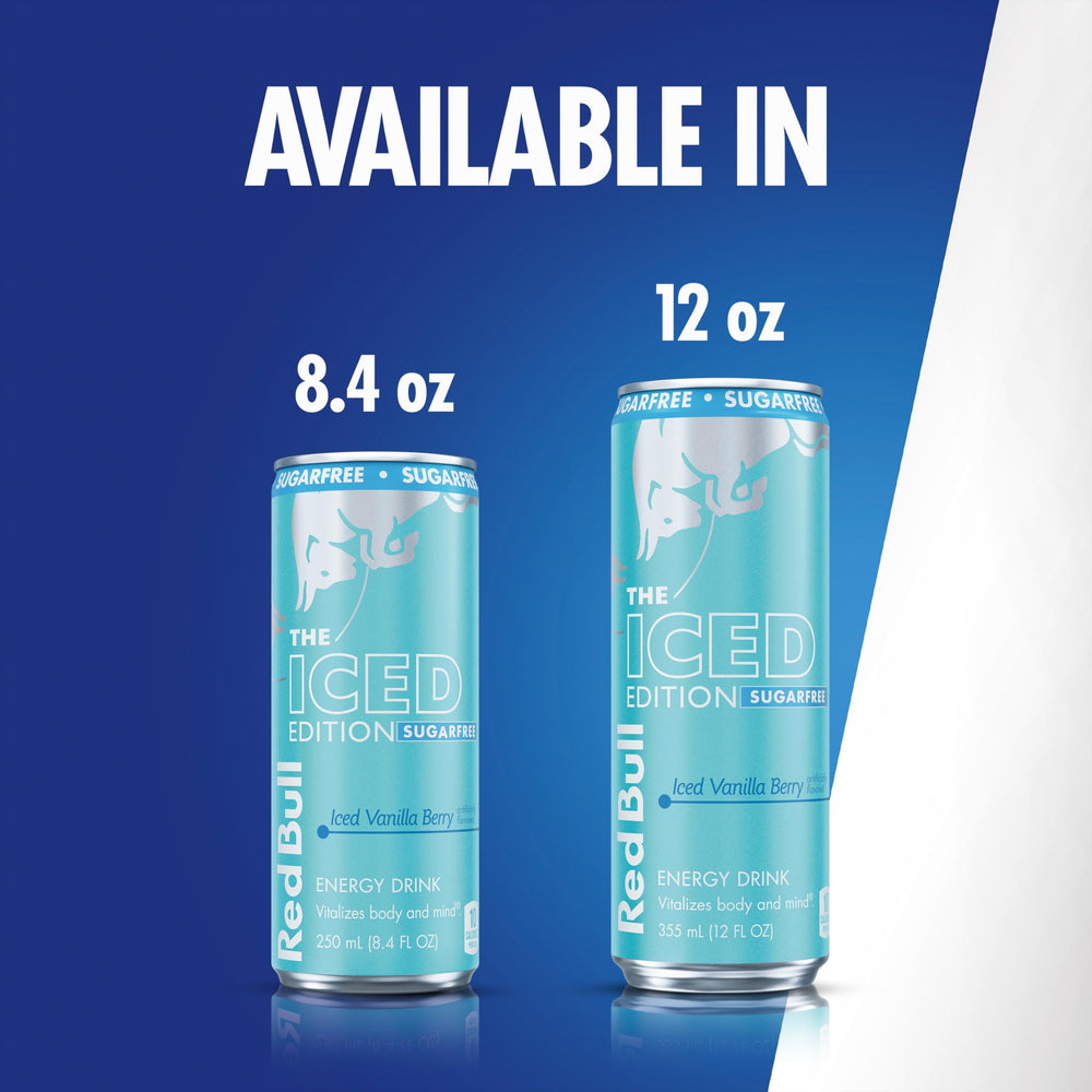 Red Bull Iced Vanilla Berry can on ice in lifestyle scene for chilled appeal