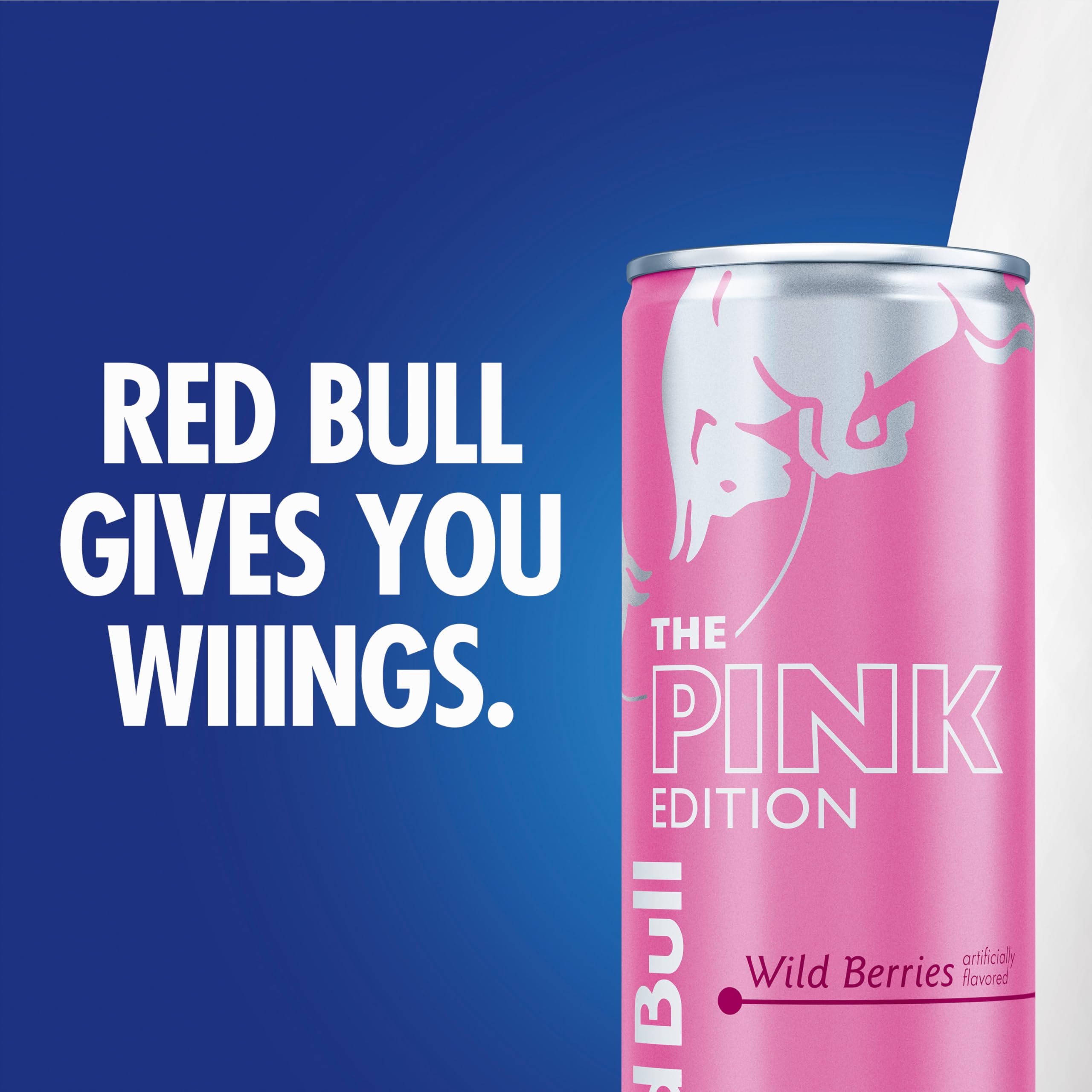 Red Bull Pink Edition can beside recycling bin emphasizing recyclable aluminum packaging
