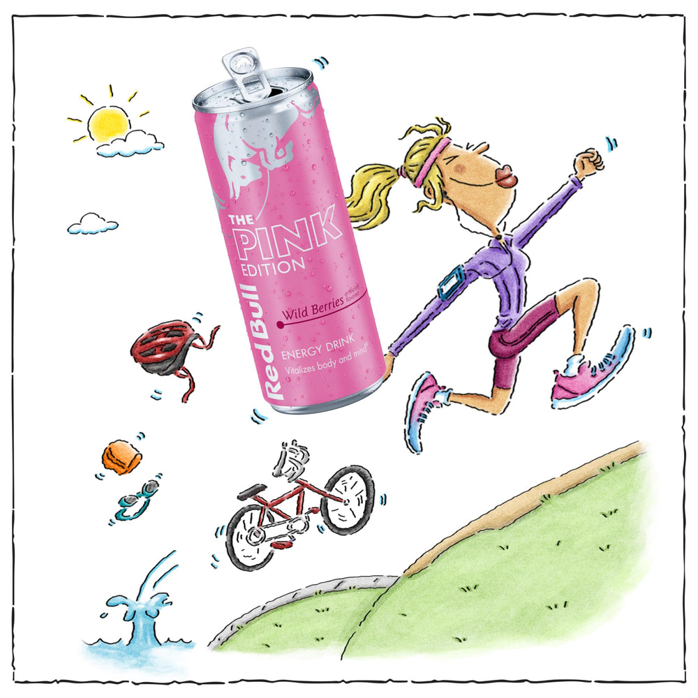 Red Bull Pink Edition side label close-up showing ingredients and benefits clearly