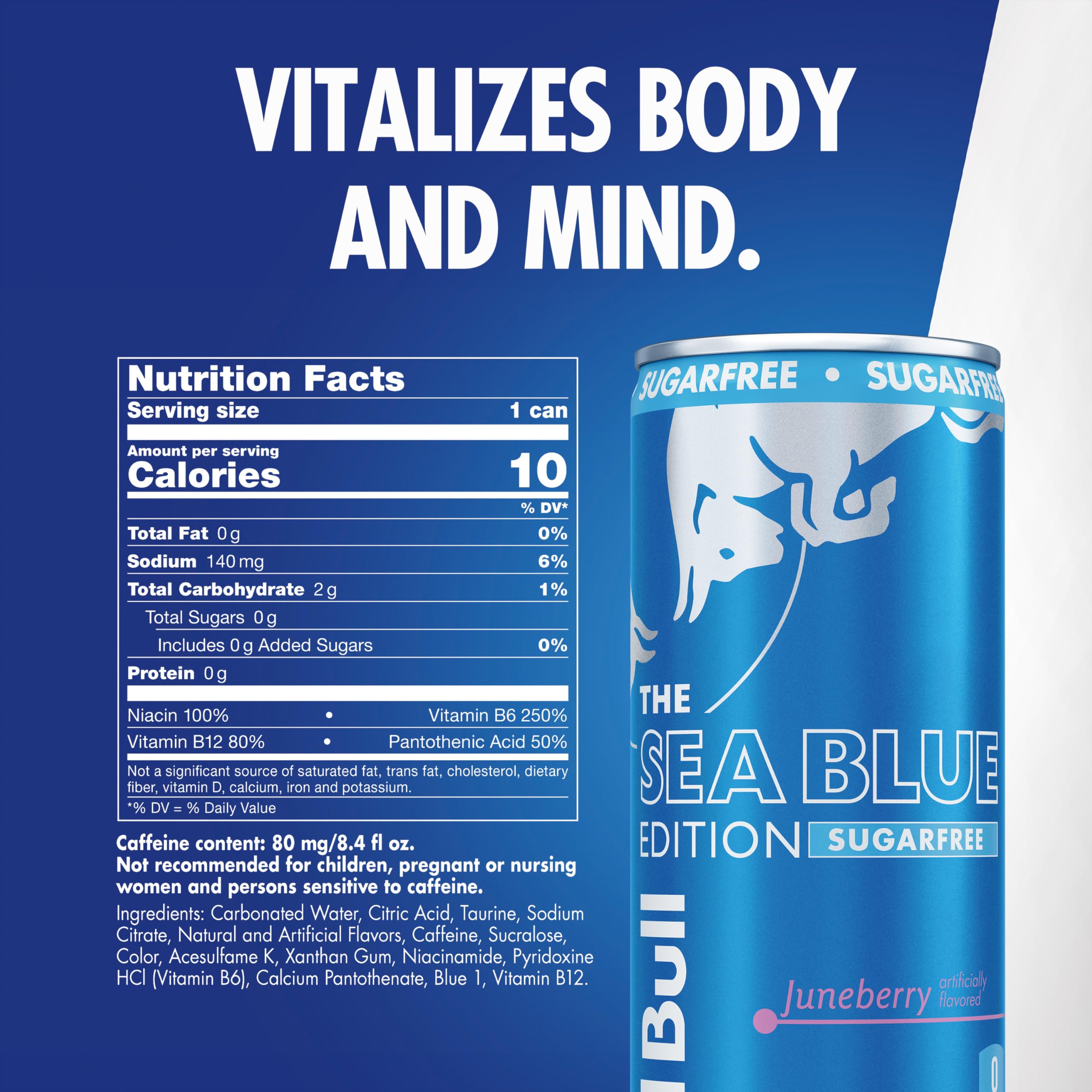 Red Bull Sea Blue angled label highlighting brand and portable energy benefit