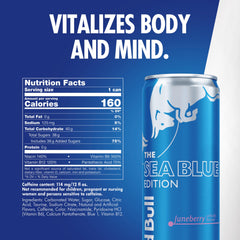 Close-up carbonated texture on Red Bull Sea Blue can highlighting crisp refreshment