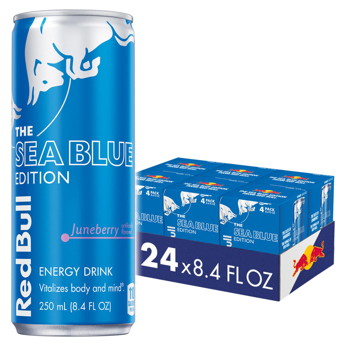 Red Bull Sea Blue front can showing Juneberry flavor and branding for quick recognition