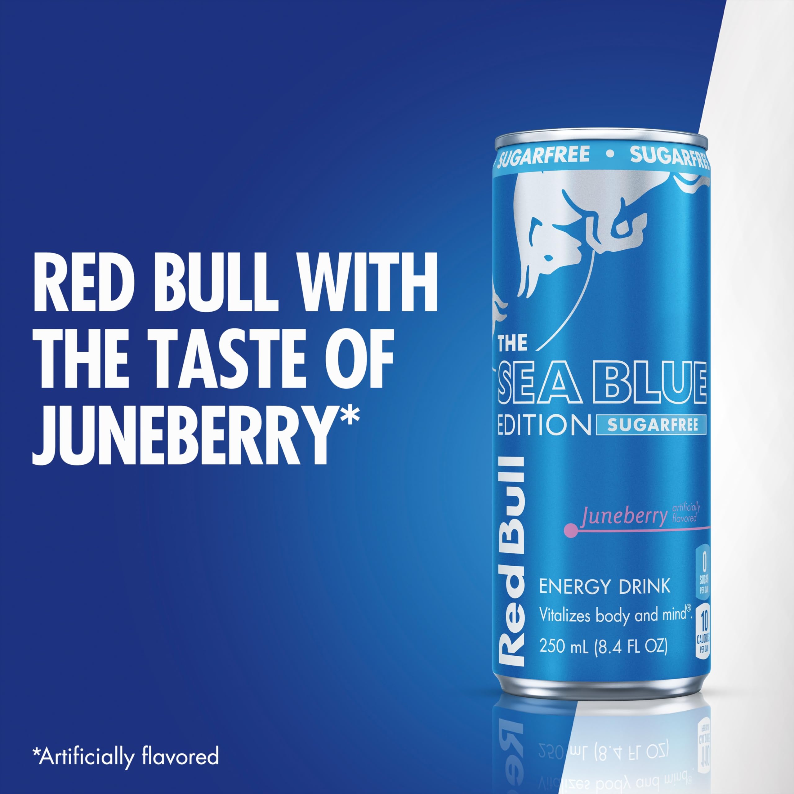 Close-up of Red Bull Sea Blue nutrition facts and ingredients for clear label information benefit