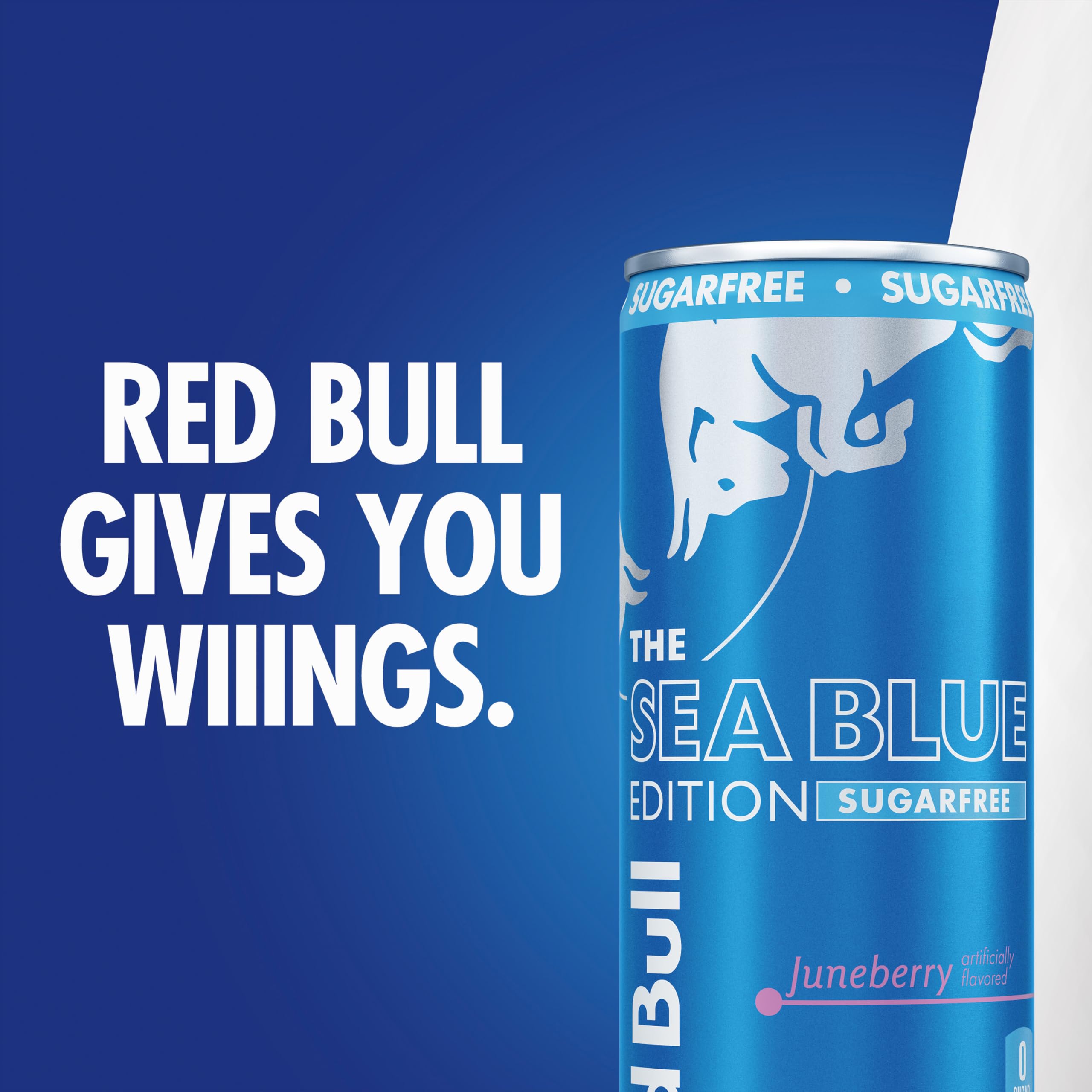 Red Bull Sea Blue aluminum can recycling symbol emphasizing recyclable packaging benefit