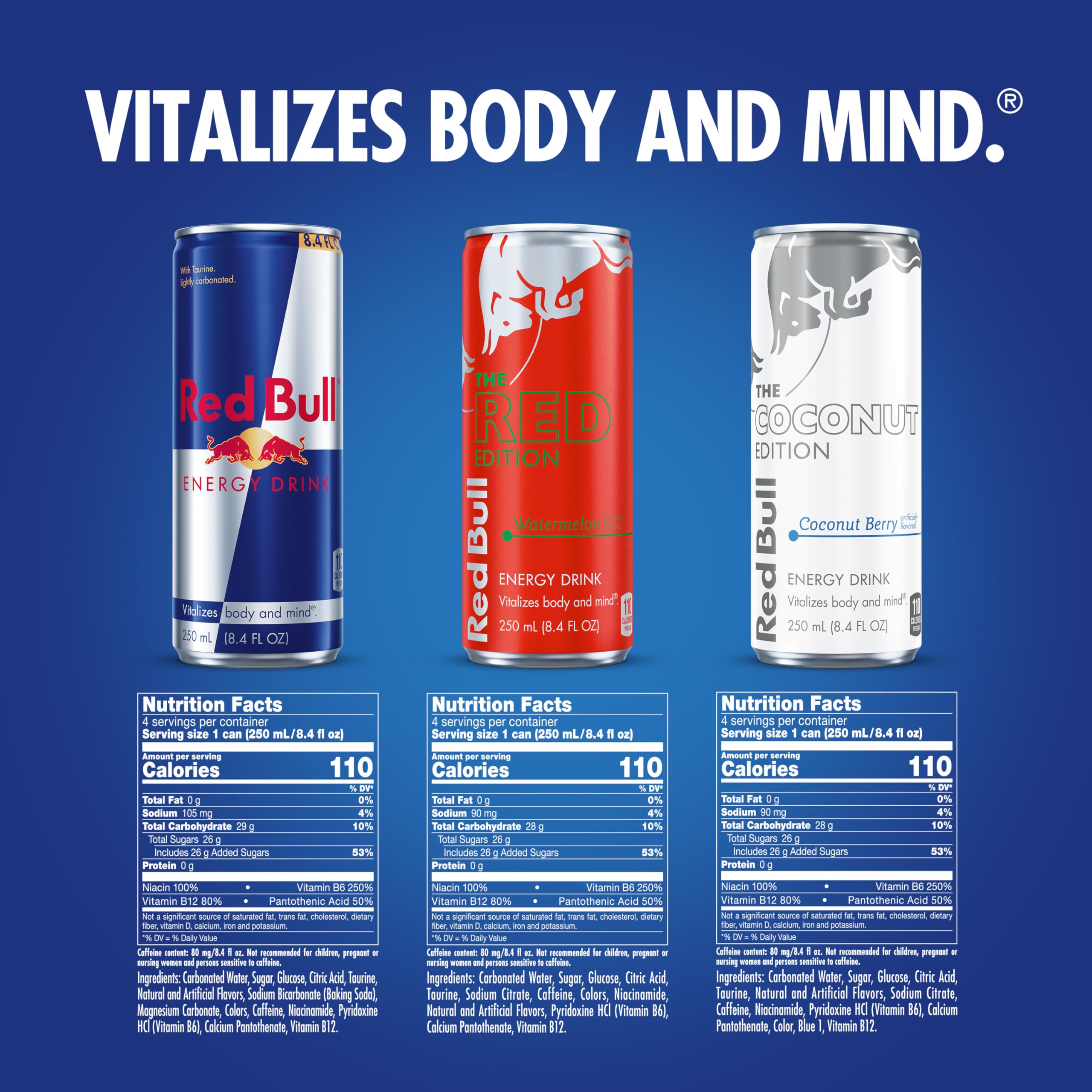 Red Bull slim cans row closeup showing crisp design and quick chill