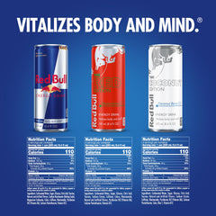 Red Bull slim cans row closeup showing crisp design and quick chill
