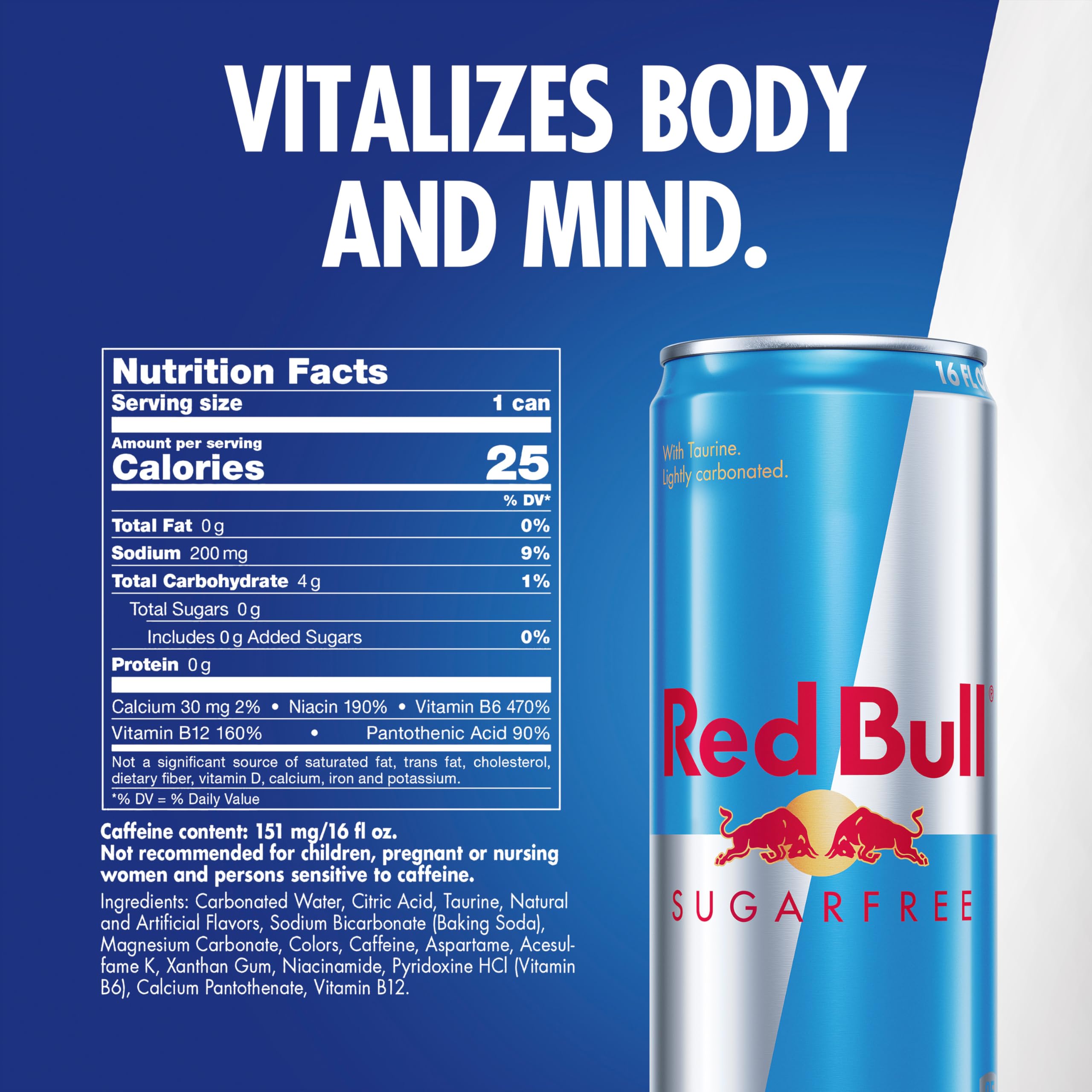 Red Bull sugarfree close-up of label highlighting ingredients and clarity