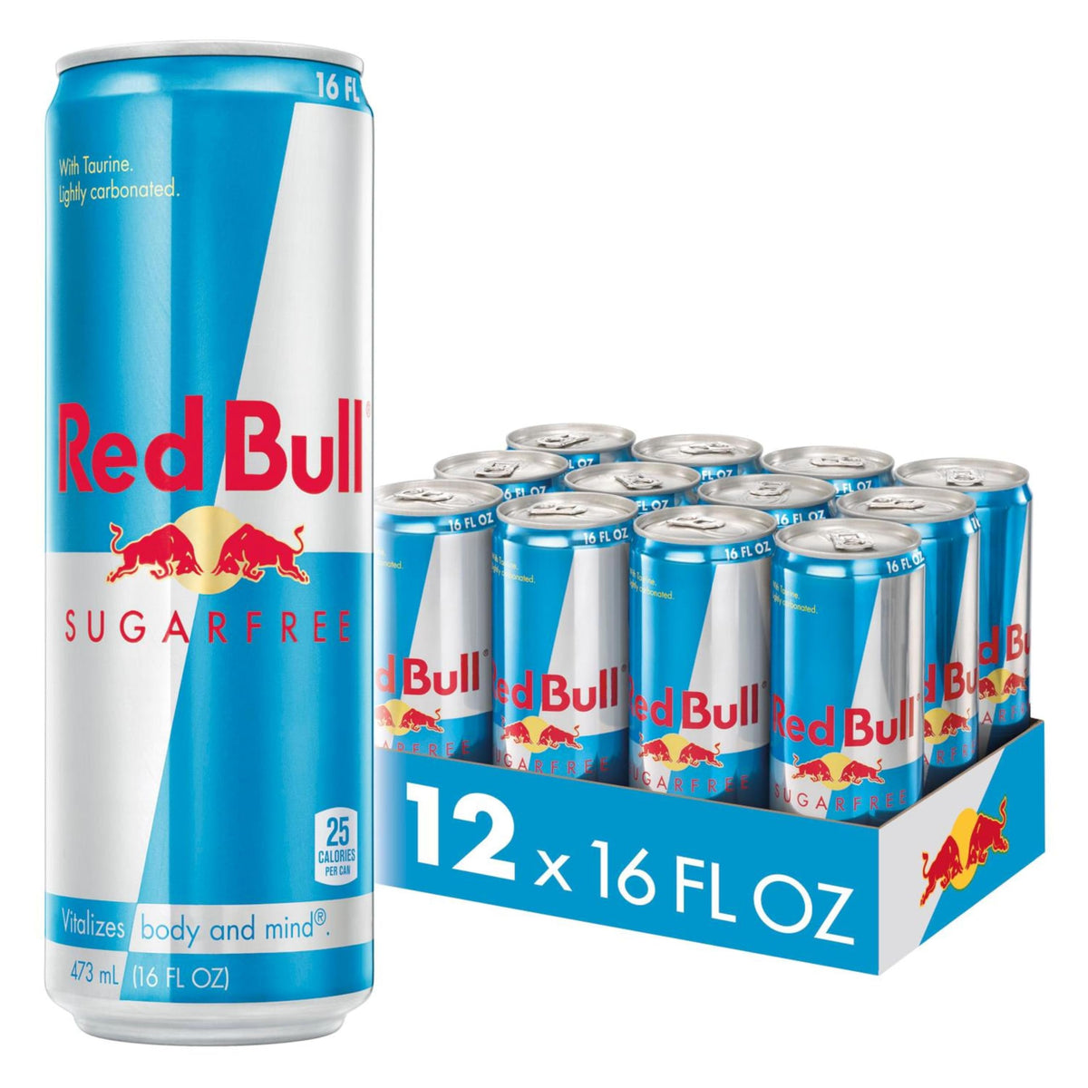 Red Bull sugarfree front can showing logo and low-calorie benefit