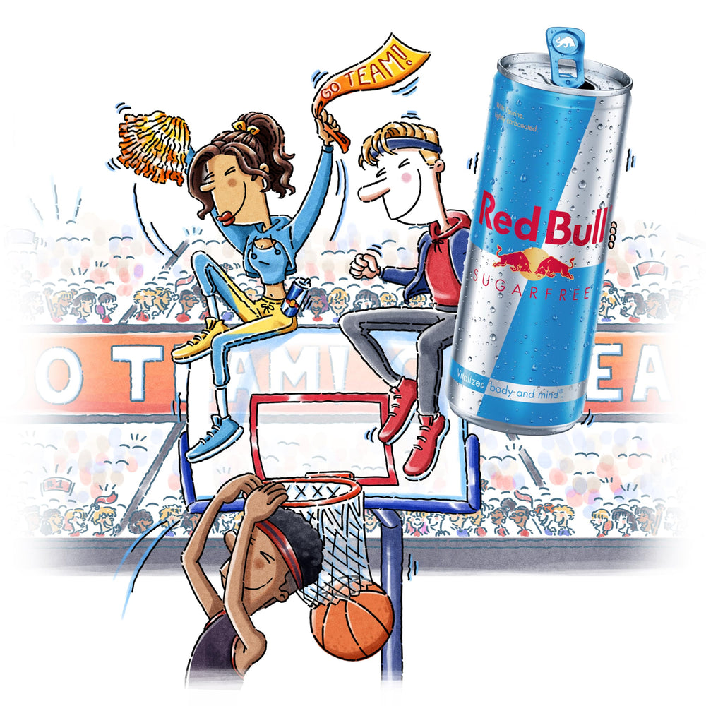 Red Bull Sugarfree can beside a ruler to show slim 8.4 fl oz scale and portability