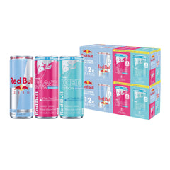 Red Bull variety pack front view showing three sugarfree flavors and recyclable cans benefit