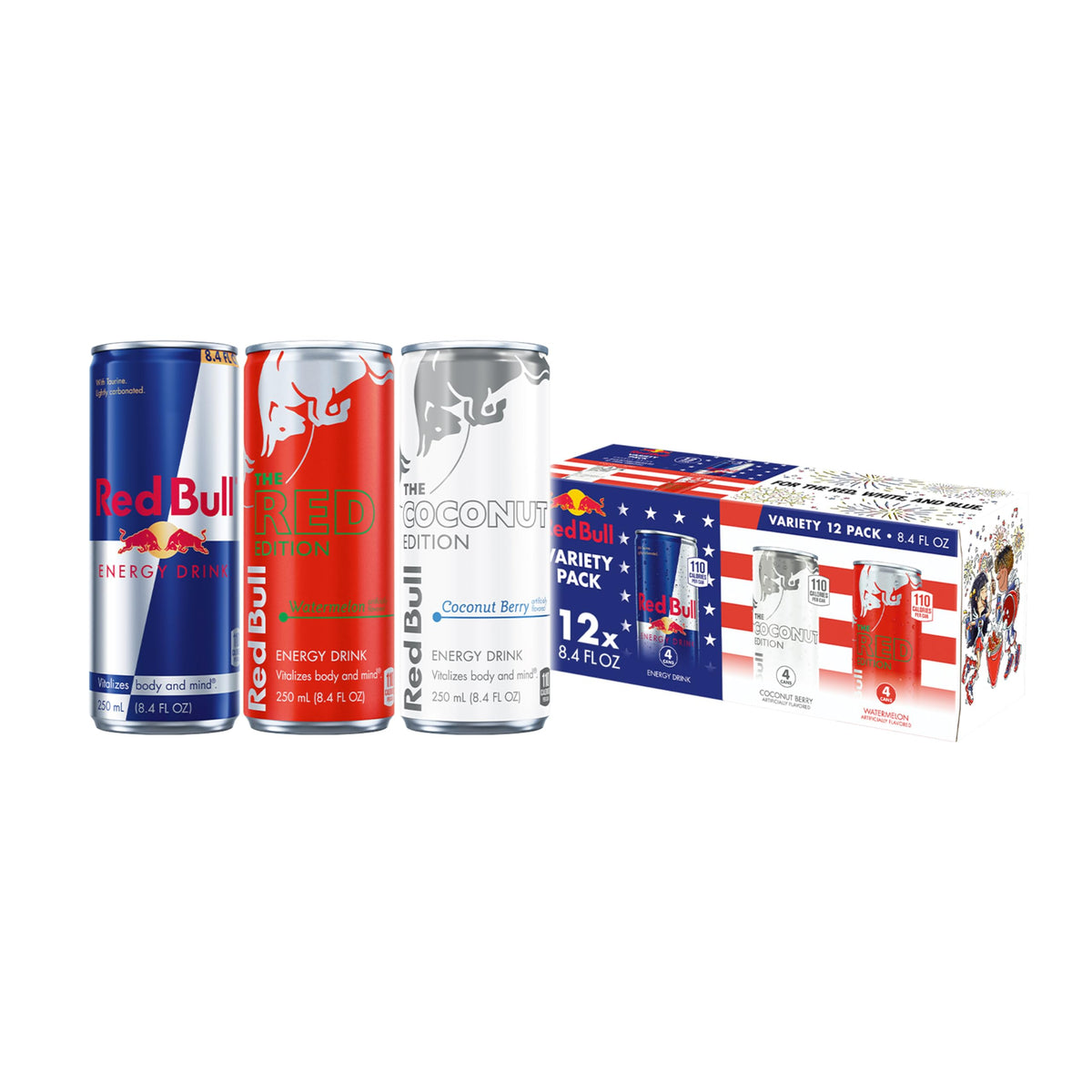 Red Bull front packaging showing summer variety and easy grab-and-go
