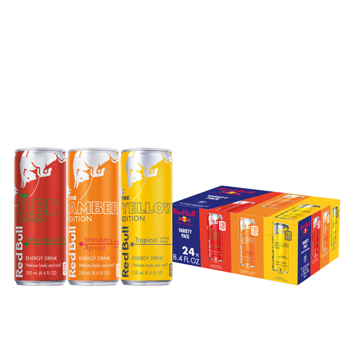 Red Bull variety pack front packaging showing three flavor icons and can count for easy choice