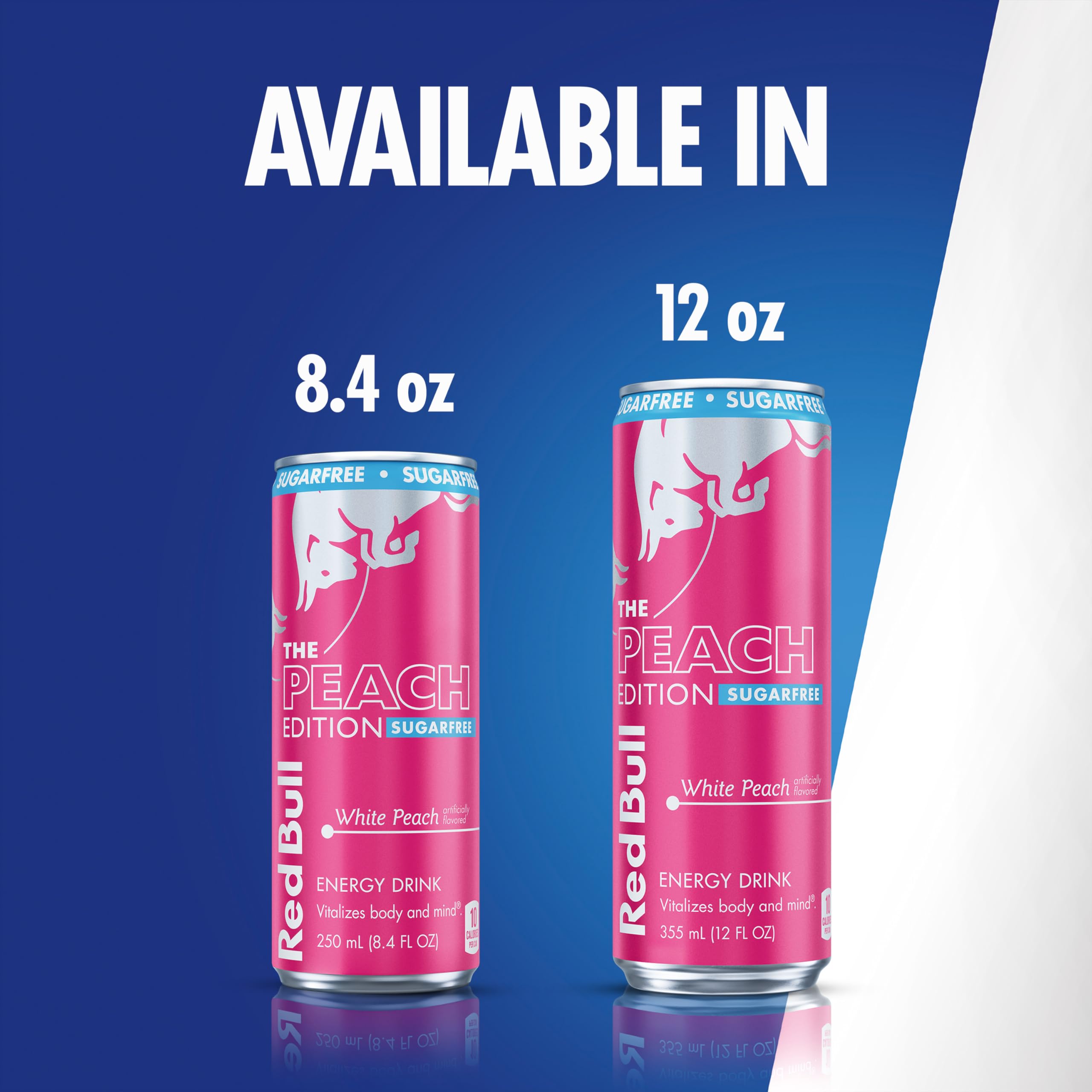 Four-pack of Red Bull White Peach cans showing convenient multipack benefit
