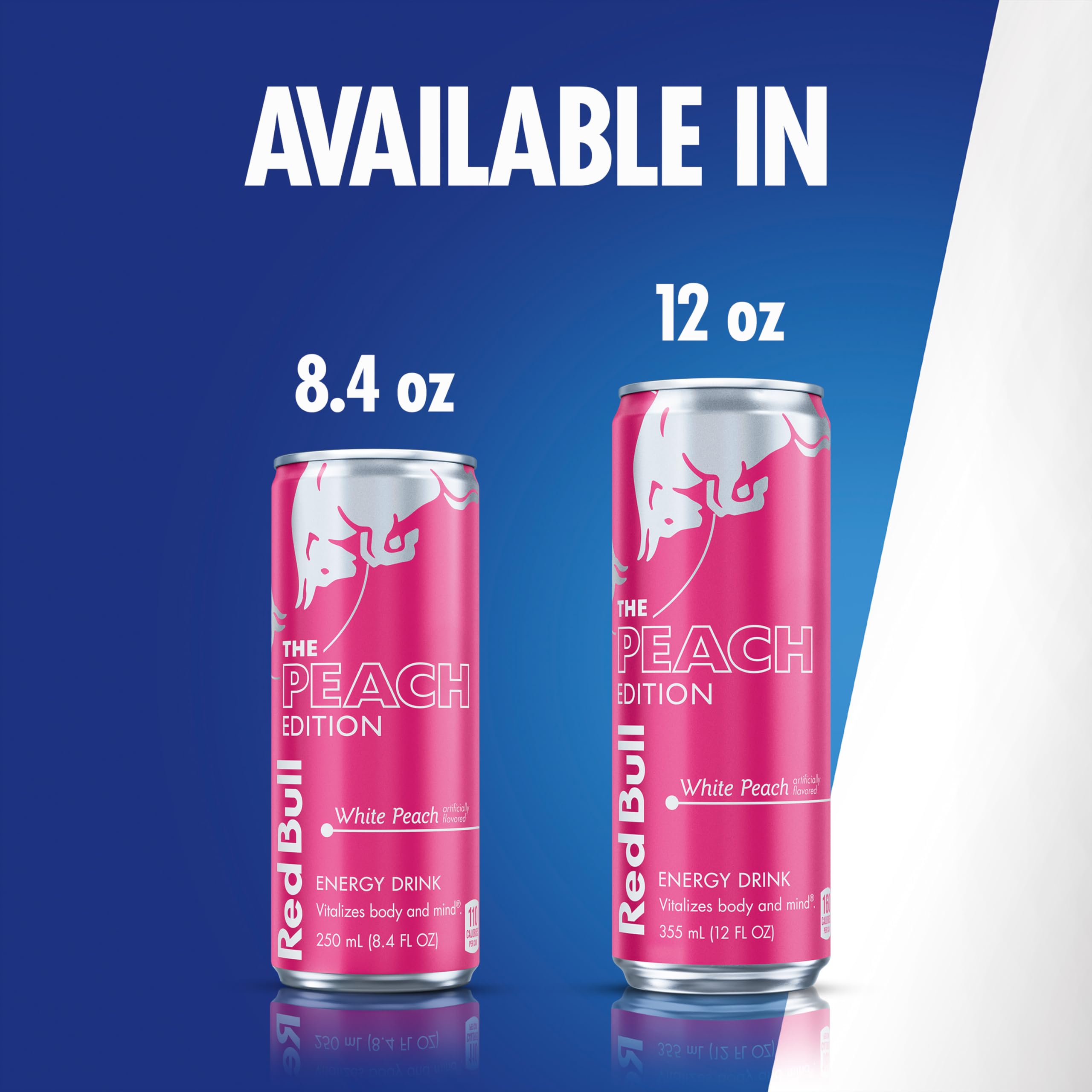 Red Bull White Peach next to smartphone for size comparison and grab-and-go benefit