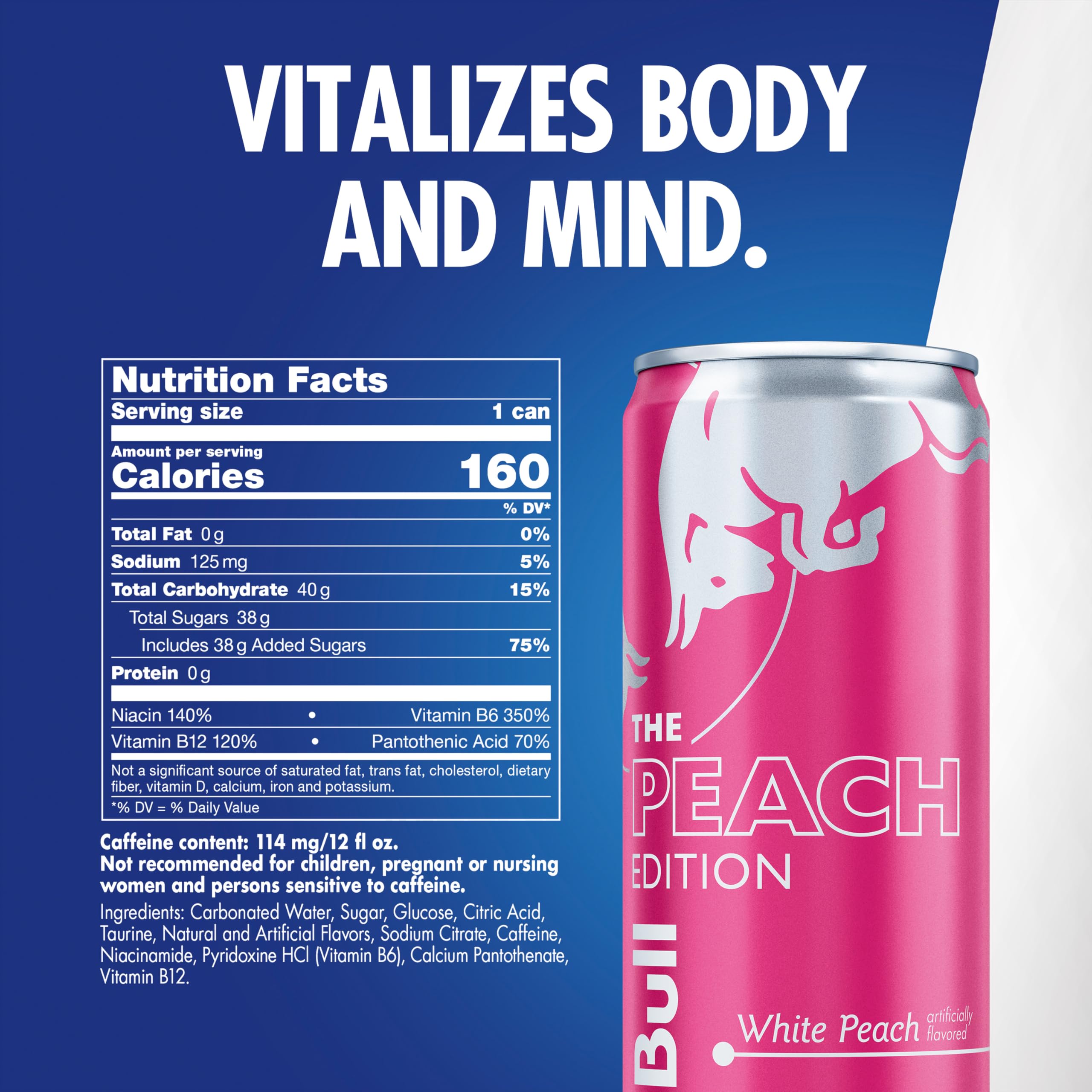 Red Bull White Peach side label detail showing ingredients and vitamin information