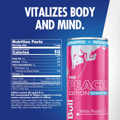 Red Bull White Peach side label highlighting ingredients and convenience benefit
