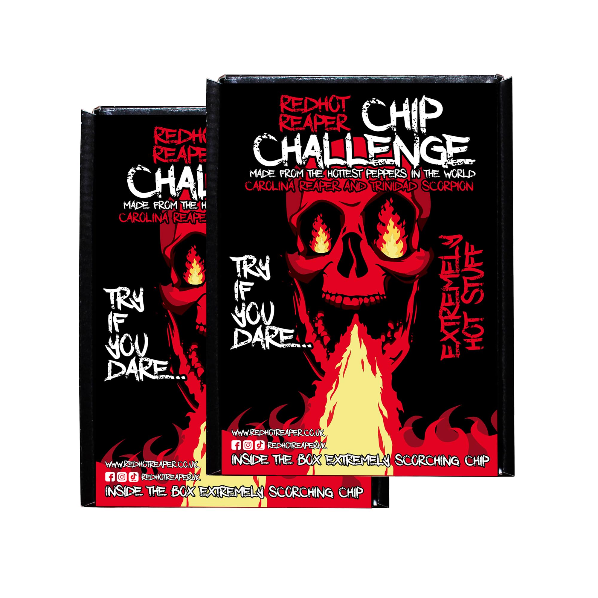 Red Hot Reaper front packaging showing bold branding and heat warning, encourages safe challenge