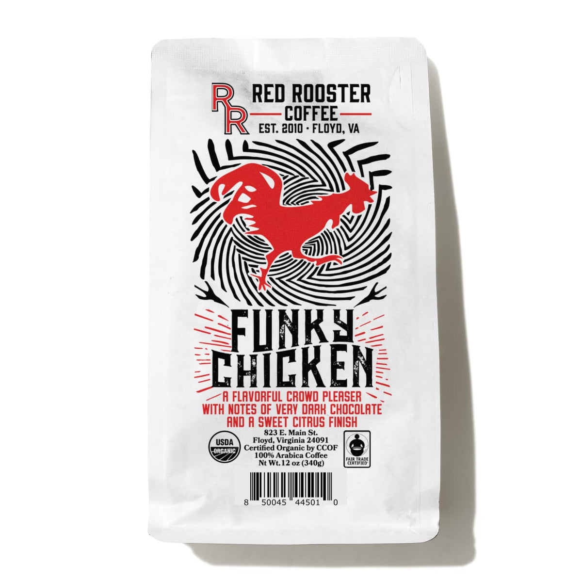 Red Rooster Coffee front packaging showing organic fair trade badge and flavor highlights