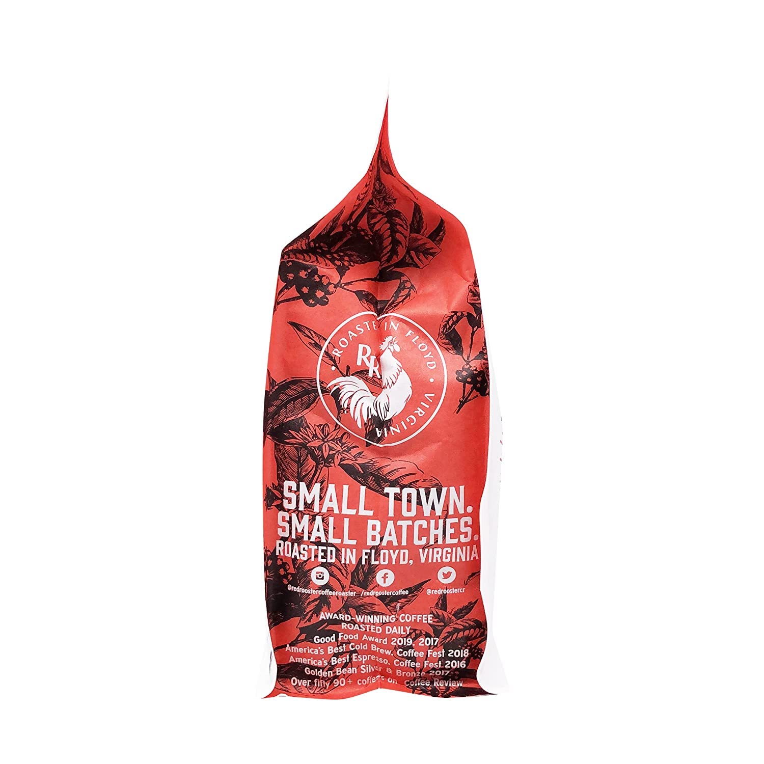 Red Rooster Coffee 12oz bag beside ruler for scale to visualize package size