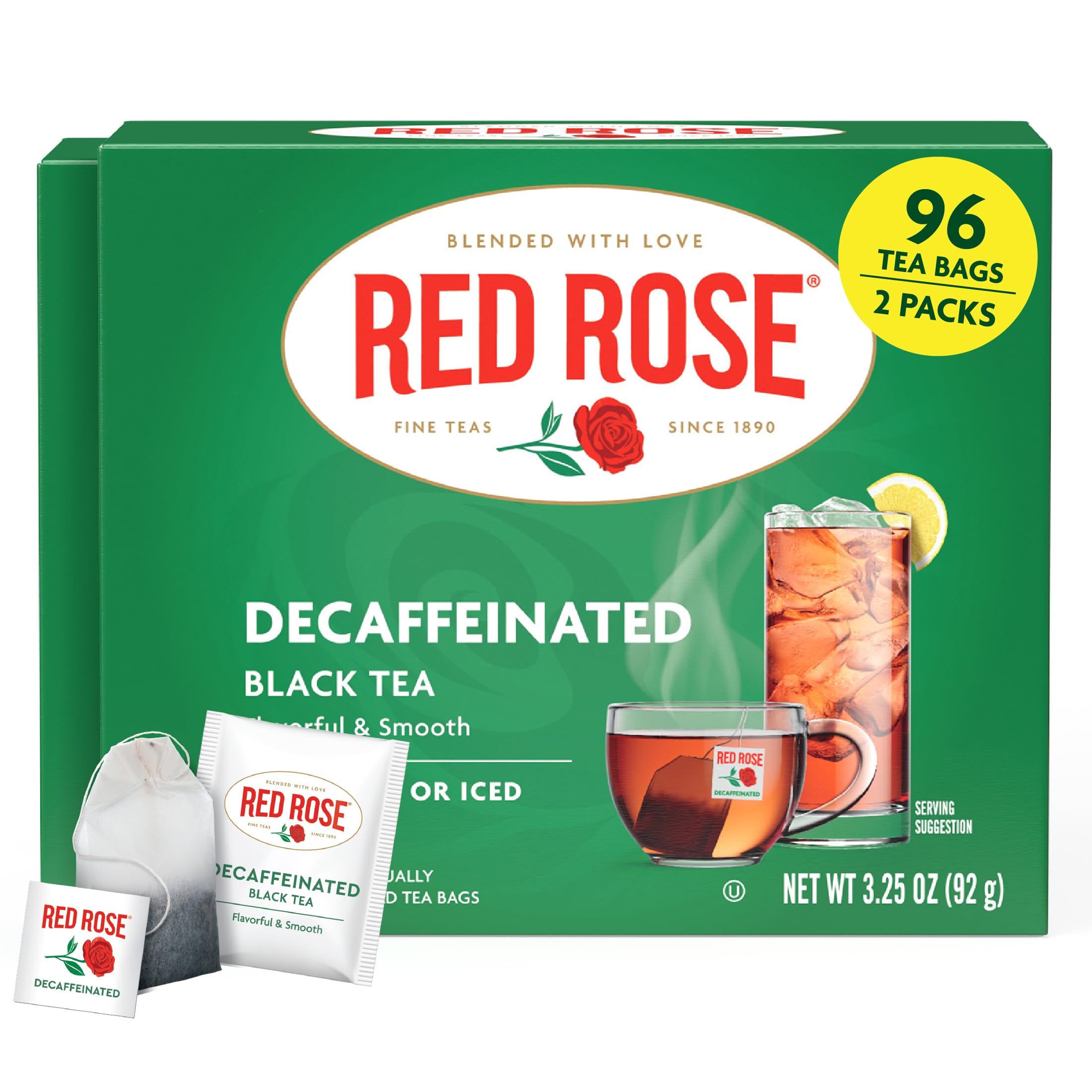 Red Rose decaffeinated box front showing brand and 48 bags benefit freshness